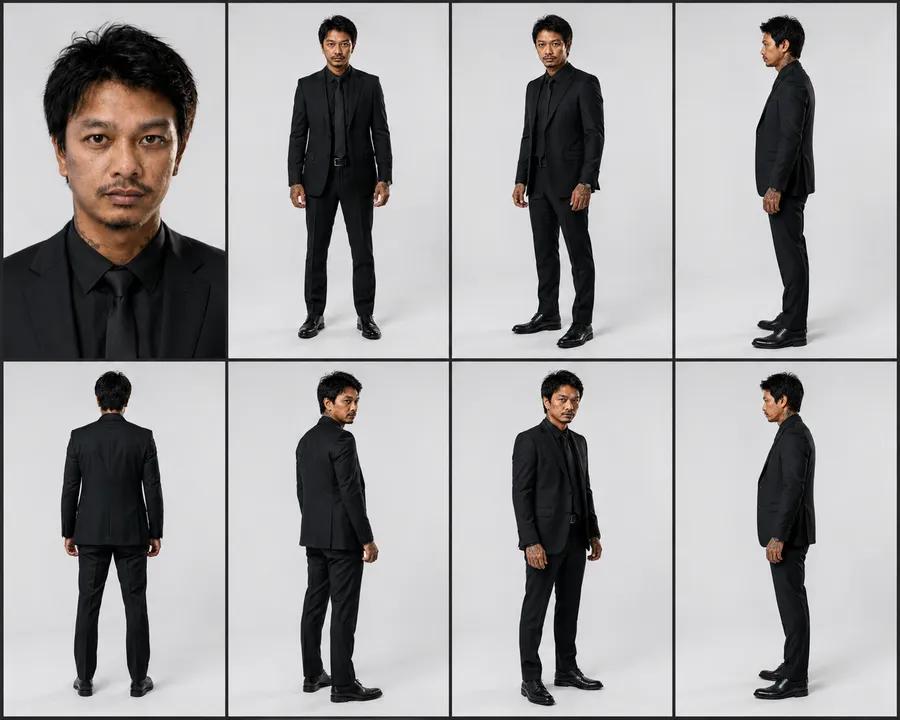 ตัวอย่าง Character Sheet ตัวละครชายชุดสูทดำ 8 มุมกล้อง สำหรับสร้างละคร AI ด้วย Minimax H3
