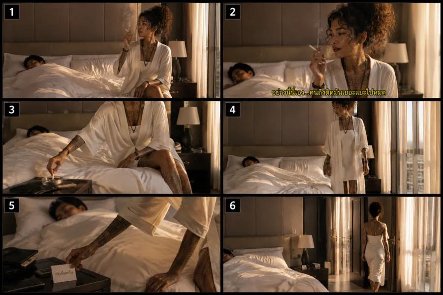 ตัวอย่างสตอรี่บอร์ด 6 ช็อต ฉากในห้องนอนโรงแรม สำหรับสร้างละคร AI ด้วย Minimax H3