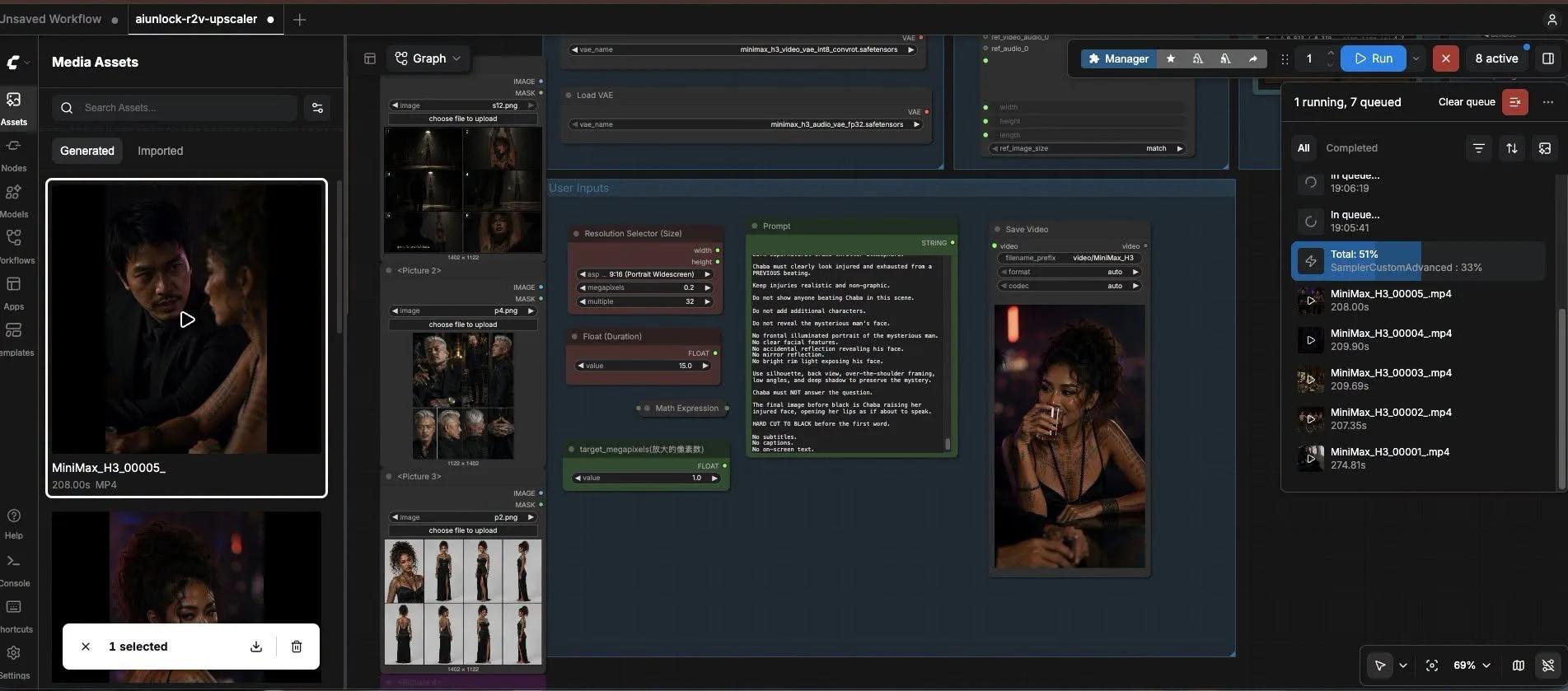 ตัวอย่างหน้าจอ ComfyUI Workflow aiunlock-r2v-upscaler ที่แถมในคอร์ส Minimax H3